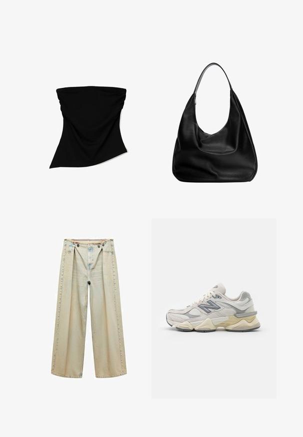 Zwarte stoffen nekkraag met een gladde textuur, vloeiende ontwerp en asymmetrische snit. Geschikt voor verschillende toepassingen en gemakkelijk te dragen.; Mango MAYA - Flared Jeans - stone blue denim; Witte en grijze New Balance sneakers met mesh- en suède materialen, een chunky zool en textuuraccenten op de zijkanten en hak.; Zwarte leren hobo tas met een slouchy ontwerp, brede schouderband en een gladde textuur. Heeft een enkele ritssluiting aan de zijkant.