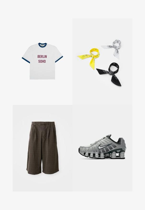 Balta marškinėliai su mėlynu apykaklės ir rankovių kraštų audiniu. Yra ryškių spausdintų žodžių "BERLYNAS" ir "SOHO" tamsiai rožine spalva.; Rudos dryžuoti šortai su laisvu siluetu. Pagaminti iš lengvos medžiagos, turi klostes ir apvadu hemui pridėti detalių.; Pilkai juodas Nike bėgimo batas su matomu pavasario tipo amortizacija po padu ir baltu swoosh logotipu šone.; Trys bandanos: vienas geltonas su juodais raštais, vienas baltas su juodais piešiniais ir vienas juodas su baltais grafikos elementais. Visi kvadratiniai, lengvos medžiagos.