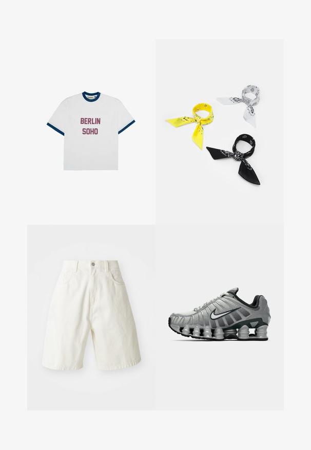 Witte t-shirt met blauwe ribgebreide halslijn en mouwranden. Kenmerkt zich door gedurfde bedrukte tekst "BERLIJN" en "SOHO" in dieproze.; Witte denim short met een relaxte pasvorm, voorzien van een tailleband, vijf zakken en rechte pijpen. De stof heeft een lichte textuur.; Grijze en zwarte Nike hardloopschoen met zichtbare veerachtige demping onder de zool en een wit swoosh-logo aan de zijkant.; Drie bandana's: één geel met zwarte patronen, één wit met zwarte ontwerpen en één zwart met witte afbeeldingen. Alle zijn vierkant en gemaakt van lichtgewicht stof.; Witte parelketting met een zilveren sluiting met een merknaam. Elke parel is glad en rond, samengevoegd in een uniforme volgorde.