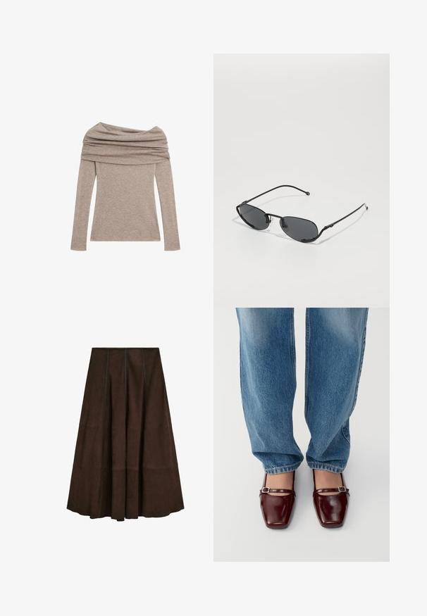 Langsleeve, off-the-shoulder top in een lichte taupe kleur. Gemaakt van zachte stof met een gedrapeerde halslijn en aansluitende mouwen.; Bruine suède midi-rok met een uitlopende ontwerp en verticale naaddetails, met een gladde textuur en een brede zoom.; Bordeaux lakleren schoenen met een vierkante neus en enkelband, gecombineerd met lichtblauwe losse spijkerbroek. De schoenen hebben een glanzende afwerking.; Zwarte zonnebril met smalle ovale lenzen, dunne metalen monturen en verstelbare neuspads. Heeft een strakke, minimalistische uitstraling.; Bruine stoffen sjaal met franjes, gemaakt van zacht materiaal. Bevat een klein wit label met zwarte tekst aan de onderkant.