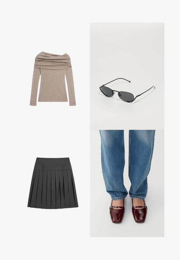 Dlouhý rukáv, top s odhalenými rameny ve světle taupe barvě. Vyrobeno z měkké tkaniny s volným výstřihem a přiléhavými rukávy.; Plisovaná šedá sukně z texturované látky, s plochým pasem a dvěma předními klopy, a mnoha vertikálními sklady pro větší objem.; Burgundské lakované boty se čtveratým špičkou a páskem kolem kotníku, spárované s lehkými modrými volnými džíny. Boty mají lesklý povrch.; Černé sluneční brýle s úzkými oválnými čočkami, tenkým kovovým rámem a nastavovacími nosníky. Mají elegantní, minimalistický design.