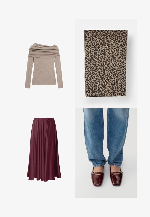 Langärmliges, schulterfreies Oberteil in einem hellen Taupe-Ton. Hergestellt aus weichem Stoff mit einem drapierten Ausschnitt und figurbetonten Ärmeln.; Burgunderfarbene, bodenlange Rock aus glattem, glänzendem Stoff mit fließendem Design und elastischem Bund. Keine Muster oder Akzente vorhanden.; Burgunderfarbene Lacklederschuhe mit quadratischer Zehenform und Knöchelriemen, kombiniert mit hellblauen, locker sitzenden Jeans. Die Schuhe haben eine glänzende Oberfläche.; Leopardenmuster-Schal in Braun- und Beigetönen, aus gewebtem Material, rechteckige Form, mit einer weichen Textur und fransigen Kanten.