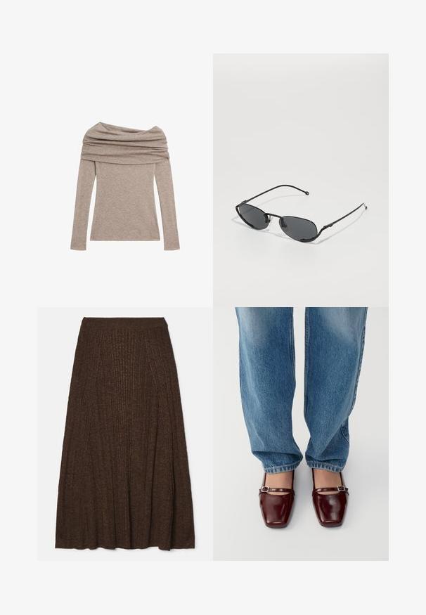 Dlouhý rukáv, top s odhalenými rameny ve světle taupe barvě. Vyrobeno z měkké tkaniny s volným výstřihem a přiléhavými rukávy.; Hnědá midi sukně s texturovaným povrchem, vybavená přiléhavým pasem a plisovaným designem pro objem a pohyb.; Burgundské lakované boty se čtveratým špičkou a páskem kolem kotníku, spárované s lehkými modrými volnými džíny. Boty mají lesklý povrch.; Černé sluneční brýle s úzkými oválnými čočkami, tenkým kovovým rámem a nastavovacími nosníky. Mají elegantní, minimalistický design.
