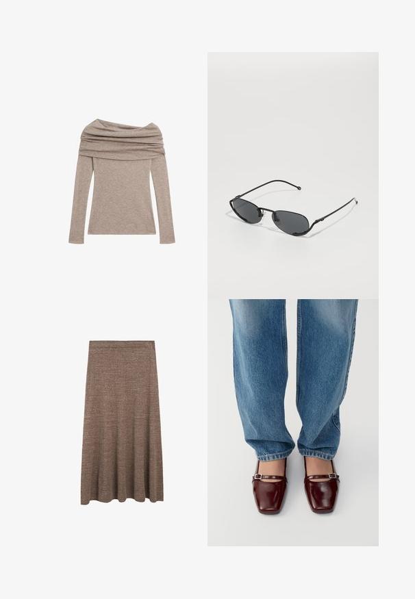 Langærmet bluse med skulderudskæring i en lys taupe farve. Fremstillet af blødt stof med draperet halsudskæring og tætsiddende ærmer.; Brun strikket midi nederdel med en svajet silhuet, der har en glat elastisk talje og en subtil struktur over det hele.; Burgunderfarvede patentlæder sko med firkantet tå og ankelrem, parret med lyseblå løs pasform jeans. Skoene har en glansfuld overflade.; Sorte solbriller med smalle ovale linser, tynde metalrammer og justerbare næsepuder. Har et strømlinet, minimalistisk design.; Brun stofsjaal med frynsede kanter, lavet af blødt materiale. Har et lille hvidt mærke med sort tekst i bunden.