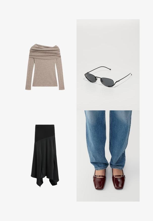 Top a maniche lunghe, senza spalle, di un leggero colore taupe. Realizzato in tessuto morbido con scollo drappeggiato e maniche aderenti.; Gonna nera asimmetrica con una trama liscia, caratterizzata da una ampia cintura elastica e spacchi laterali per una maggiore libertà di movimento e fluidità.; Scarpe in pelle verniciata bordeaux con punta quadrata e cinturino alla caviglia, abbinate a jeans loose-fit di colore blu chiaro. Le scarpe hanno una finitura lucida.; Occhiali da sole neri con lenti ovali strette, montatura in metallo sottile e nasi regolabili. Caratterizzati da un design elegante e minimalista.
