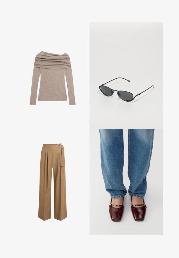 Long-sleeve, off-the-shoulder top in a light taupe color. Made from soft fabric with a draped neckline and fitted sleeves.; Brown, wide-leg trousers made of textured fabric. Features a pleated front, belt loops, and a side pocket with silver hardware accents.; Burgundy patent leather shoes with a square toe and ankle strap, paired with light blue loose-fit jeans. The shoes have a glossy finish.; Black sunglasses with narrow oval lenses, thin metal frames, and adjustable nose pads. Features sleek, minimalist design.