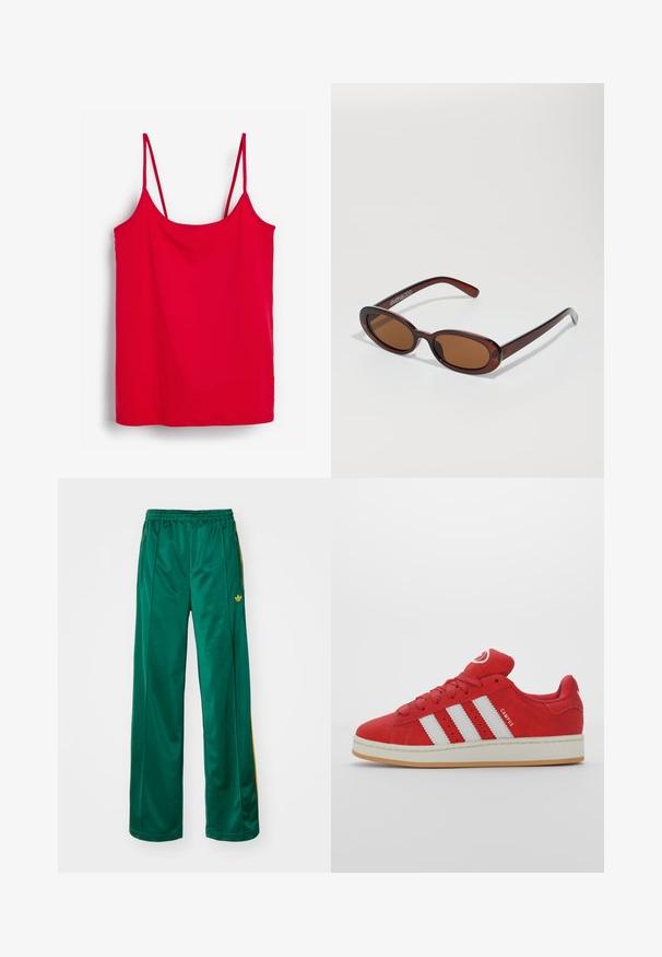 Rød top i satin med tynde justerbare stropper og en lige kant. Ingen yderligere mønstre eller detaljer er til stede.; Grønne satin atletikbukser med en afslappet pasform, der har gule stribeaccenter og et broderet logo på venstre side. Elastisk talje.; Røde ruskinds sneakers med tre hvide striber, gummisål, rund tå og polstret pløs, med "CAMPUS" detalje på siden.; Runde, bruntonede solbriller med en glansfuld bordeauxramme. Slanke arme med diskret brandingdetalje. Flad linsedesign.