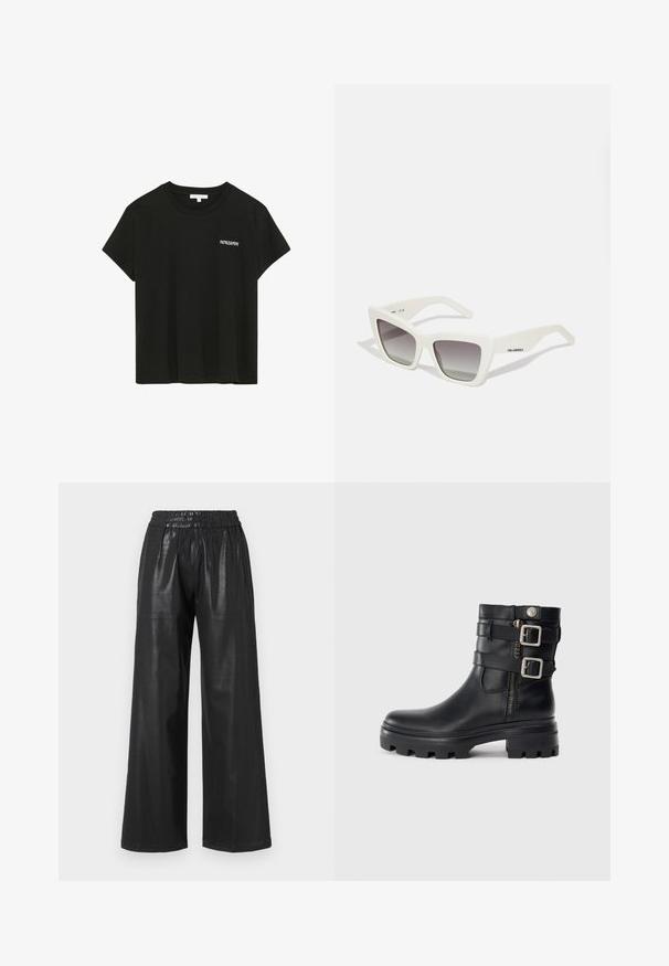 Mustapohjainen puuvillainen t-paita, jossa on pyöreä kaula-aukko ja lyhyet hihat. Vasemmassa rinnassa valkoinen "PATRIZIA PEPE" -logo. Liukas rakenne.; Musta tekonahkaiset leveälahkeiset housut, joissa on joustava vyötärönauha, sileä pinta ja kaksi etutaskua.; Musta nahkainen nilkkabootsi, jossa on tupla-solkiakselit, vetoketjusulku, paksu pohja ja sileä pinta. Ominaisuuksiin kuuluu kestävä ja tyylikäs muotoilu.; Valkoiset ylisuurikokoiset aurinkolasit matta-pinnalla, kulmikas muotoilu, liukuvat harmaat linssit ja hienovarainen brändäys varsissa.