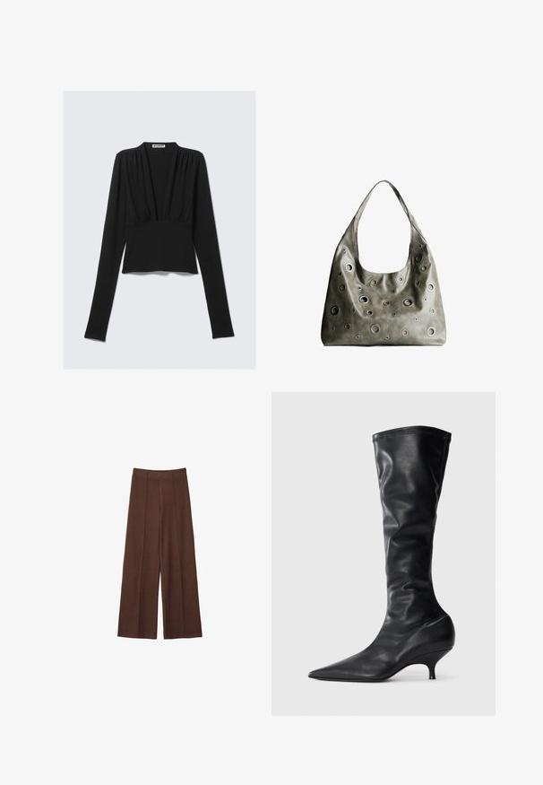 Čierny dlhý rukáv cropped top s hlbokým výstrihom do V a jemnými záhybmi pod krkom, ležiaci rovno na svetlom pozadí.; Hnedé široké nohavice vyrobené z mäkkej tkaniny, s vysokým párom, vertikálnym švom a hladkou textúrou.; Čierne kožené vysoké čižmy po kolená s špicatou špičkou a slim, zakriveným podpätkom. Mäkká textúra a hladký povrch s minimom ševov.; Olive zelená kožená kabelka so spadnutým dizajnom, obsahujúca rôzne veľkosti kruhových výrezov a akcenty v tmavších a svetlejších odtieňoch.