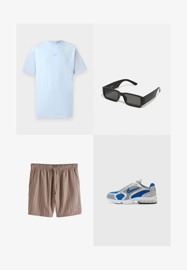 Svijetloplava pamuk majica s kratkim rukavima, okruglim izrezom i izvezenim Nike logotipom u nešto tamnijoj plavoj boji na prsima.; Kratke smeđe prugaste hlače od lagane tkanine, s elastičnom strukom, zatvaranjem na vezicu i bočnim džepovima.; Plave i srebrne atletske tenisice s mrežastim panelima, podstavljenim ovratnikom i prozirnom potplatom s plavim naglasima. Kontrastne vezice upotpunjuju dizajn.; Crne sunčane naočale s pravokutnim lećama, okvirom od mat plastike i ravnim rubovima. Sadrži logo branda na unutarnjoj strani drške.