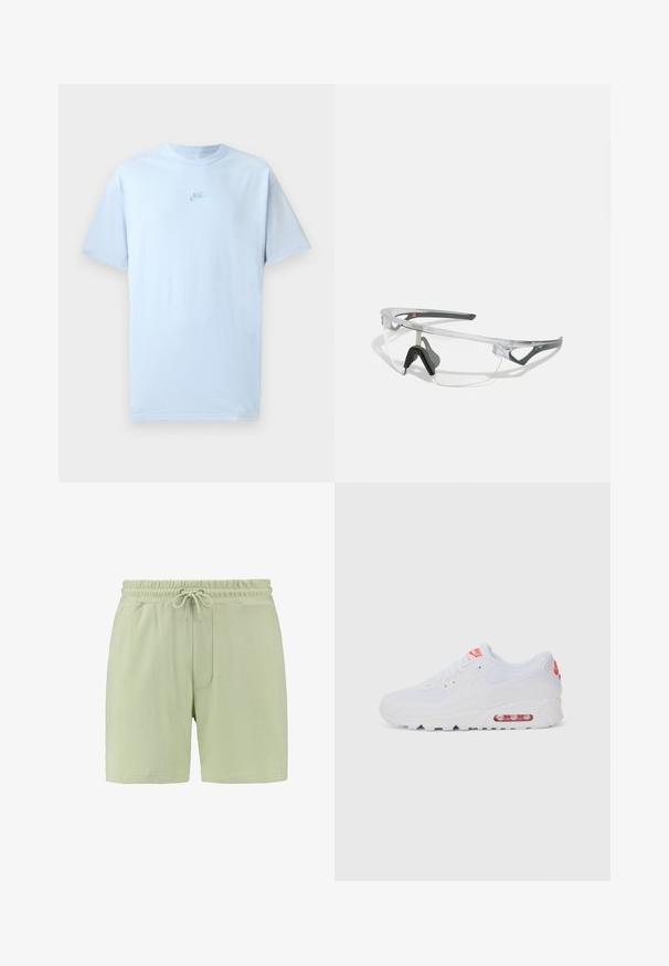 Égszínkék pamut póló rövid ujjakkal, kerek nyakkivágással és a mellkason található, enyhén sötétebb kékkel hímzett Nike logóval.; Világoszöld, puha anyagból készült rövidnadrág, rugalmas derékkal és zsinóros megkötővel, valamint oldalsó zsebbel. Sima textúra, laza illeszkedés.; Fehér sportcipő, sima felsőrésszel, fűzős zárással, párnázott talppal és látható légpárnával, piros részletekkel a logón.; Áttetsző, könnyű keretes biztonsági szemüveg szürke kiegészítőkkel. Wraparound kialakítással és állítható orrnyereggel rendelkezik.