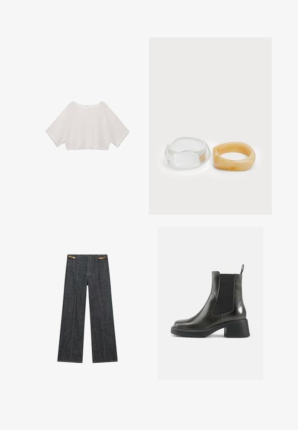 Przycięty top z otwartym splotem w jasnoszarym kolorze, z szerokim dekoltem w łódkę i rękawami typu nietoperz, o miękkiej teksturze i minimalnej ilości szwów.; Ciemnoniebieskie dżinsowe spodnie o szerokich nogawkach i wysokim stanie. Posiadają widoczne szwy, zapięcie na guzik i unikalny łańcuszek jako akcent w talii.; Czarne skórzane botki za kostkę o gładkim wykończeniu, z elastycznymi bocznymi panelami i masywnym obcasem. Posiadają pętelkę ułatwiającą zakładanie.; Jasne i bursztynowe pierścionki z żywicy, jeden gładki i przezroczysty, drugi z teksturowanym, bursztynowym wykończeniem. Oba mają zaokrąglone, masywne kształty.