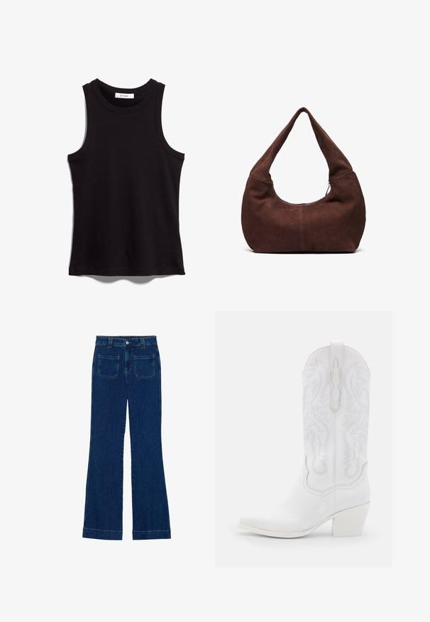 Débardeur noir en tissu côtelé. Il présente une encolure ras du cou et de larges emmanchures. Ourlet droit avec des détails de couture. Conception simple.; Jean flare en denim bleu foncé avec une texture lisse, design à cinq poches et fermeture à bouton à la taille.; Jeffrey Campbell DAGGET - Bottes de cowboy / motard - white; Sac hobo en daim marron avec une poignée large et incurvée et une grande ouverture. Texture douce avec des détails de couture visibles le long des bords.; Boucles d'oreilles en or en forme de cerceau avec une texture et une forme irrégulière. Présentent une fermeture sans couture et une finition polie, soulignant un design moderne.