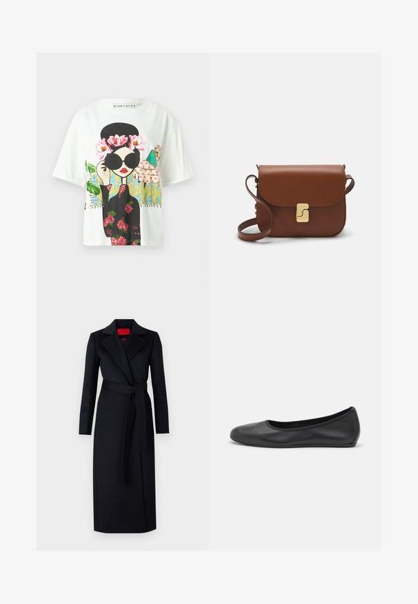 Weißes T-Shirt mit kurzen Ärmeln, das ein farbenfrohes Grafikdesign einer Frau mit schwarzen Sonnenbrillen, floralen Akzenten und komplizierten Hintergrundmustern zeigt.; Schwarzer Trenchcoat mit langen Ärmeln, Wickeldesign und passendem Gürtel. Aus glattem Stoff gefertigt, verfügt er über einen Reverskragen und seitliche Taschen.; Schwarze Leder-Ballettschuhe mit abgerundeter Spitze, glatter Textur, minimalen Nähdetails und einem flexiblen Sohlen-Design.; Braune Ledertasche mit Klappenverschluss, Beschlägen in Goldfarbe, einem Schultergurt und einer glatten Oberfläche. Kompakte rechteckige Form.
