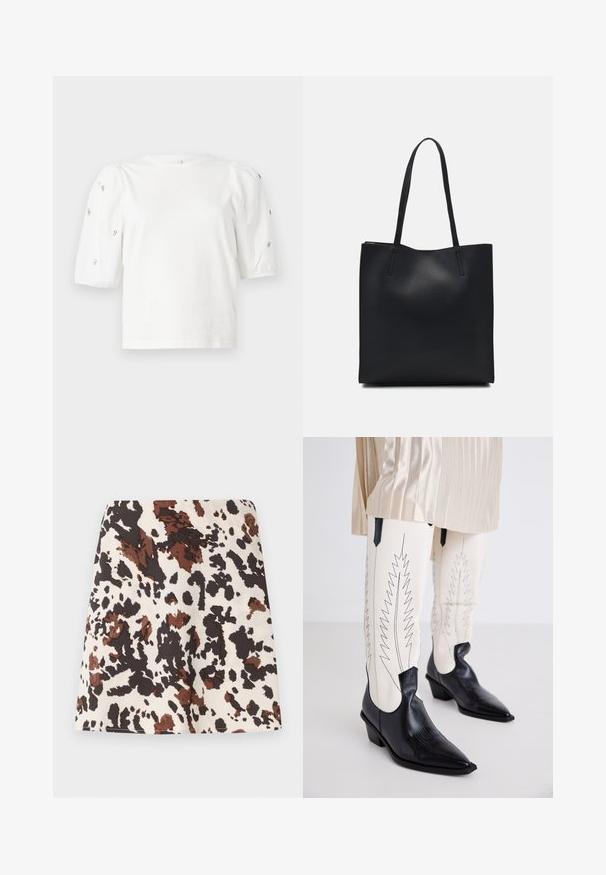 Hvid bomulds t-shirt med korte puffærmer, med små sølv detaljer langs ærmerne. Klassisk rund halsudskæring, afslappet pasform.; Kort nederdel med et mønster af køer i creme, brun og sort. Fremstillet af blødt stof; har en lige, tætsiddende design og let stræk.; Sorte cowboystøvler med en struktureret finish, spidse tæer og lave blokhæle, parret med hvide stramme bukser med zigzag sort syning.; Sort læder tote taske med glat tekstur, rektangulær form og to lange hanke. Ingen synlig hardware eller udsmykninger.