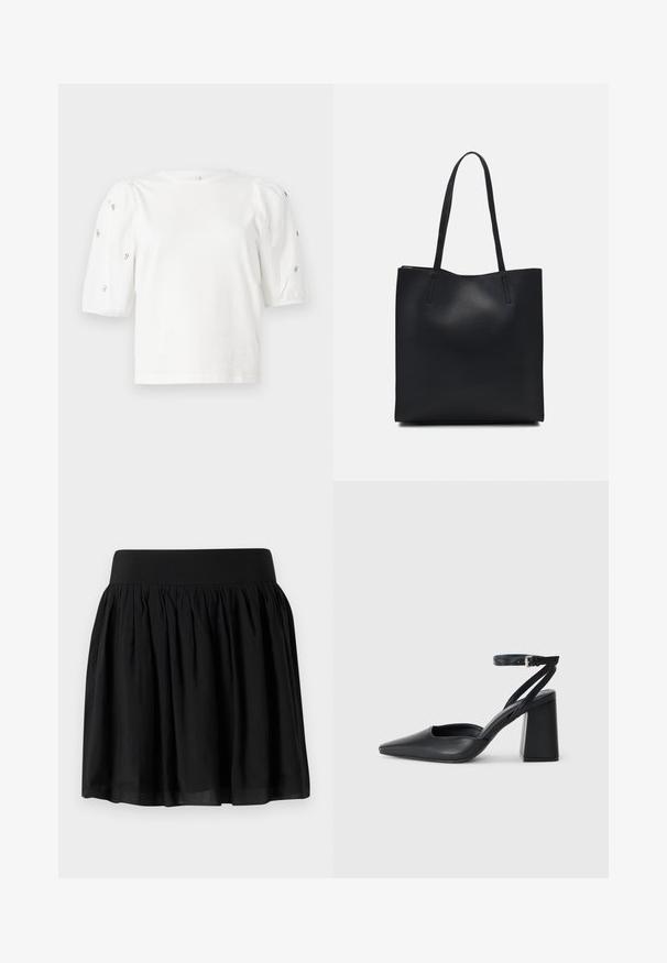 Valkoinen puuvillainen t-paita lyhyillä puffihihnoilla, joissa on pieniä hopeisia koristeita hihojen varrella. Klassinen pyöreä kaula-aukko, rento malli.; Musta kangas hame leveällä vyötäröosalla, kootulla muotoilulla ja levenevällä mallilla. Tekstuuri vaikuttaa sileältä ja kevyeltä.; Mustat nahkakengät, joissa on kapea kärki, nilkkaremmi ja paksu korko. Tasainen pinta, tyylikäs muotoilu ja minimalistinen estetiikka.; Mustapahkainen kangaskassi, jossa on sileä pinta, suorakaiteen muotoinen ja kaksi pitkää kahvaa. Ei näkyvää metalliosaa tai koristeita.