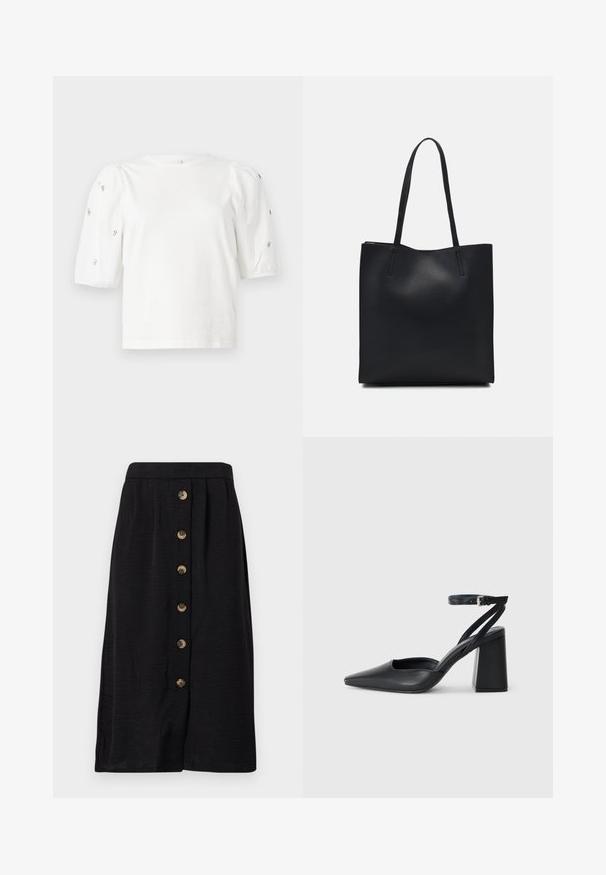 Bijela pamučna majica s kratkim puf rukavima, s malim srebrnim ukrasima duž rukava. Klasičan okrugli izrez, opušteni kroj.; Crna midi suknja od teksturiranog materijala, s prednjim zatvaranjem na dugmad s pet brončanih dugmadi i ravnim oblikom.; Crne kožne cipele s špicastim vrhom, remenom oko gležnja i debelim potplatom. Ravna tekstura, elegantan dizajn i minimalistička estetika.; Crna kožna torba za nošenje s glatkom teksturom, pravokutnim oblikom i dvije duge ručke. Nema vidljivih metalnih dijelova ili ukrasa.
