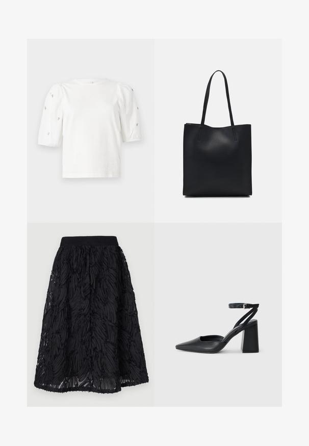 T-shirt branca de algodão com mangas puff curtas, apresentando pequenos embellissements prateados ao longo das mangas. Decote redondo clássico, corte descontraído.; Saia preta com um design texturizado e padrões em camadas e ondulados. O tecido parece leve, com uma cintura franzida e uma bainha fluida.; Sandal com biqueira afilada em couro preto, com cinta no tornozelo e salto grosso. Textura lisa, design elegante e estética minimalista.; Bolsa tote preta em couro com textura lisa, forma retangular e duas alças longas. Sem hardware ou enfeites visíveis.