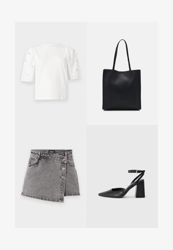 Balta medvilnės marškinėliai trumpomis pūstomis rankovėmis, papuošti mažomis sidabrinėmis detalėmis ant rankovių. Klasikinis apvalus iškirpimas, laisvas siluetas.; Pilka džinsinė mini sijonas su asimetrišku kirpimu, puošiamas sidabriniais mygtukais ir priekinio kišenės detalėmis. Lygus paviršius ir kasdieniškas dizainas.; Juoda odinė smailiagalė aukštakulnio bateliai su kulkšnies dirželiu ir storu kulnu. Lygus paviršius, elegantiškas dizainas ir minimalistiška estetinė. ; Juodas odinis tote krepšys su lygia tekstūra, stačiakampio formos ir dviem ilgais rankenomis. Matomų metalinių detalių ar puošybos nėra.