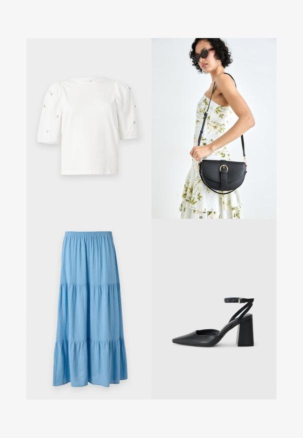 Bela bombažna majica s kratkimi rokavi s pufastimi rokavi, ki ima majhne srebrne okrase vzdolž rokavov. Klasičen okrogel izrez, sproščen kroj.; Svetlo modra maksi krila z več plastmi, narejena iz mehkega materiala, z elastičnim pasom in padajočim robom z volančki na dnu.; Črne usnjene klasične čevlje z ostrim nosom, z zaponko za gleženj in debelim peto. Ravna tekstura, eleganten dizajn in minimalistična estetika.; Črna usnjena torbica s ukrivljeno obliko, z odstranljivo naramnico in zlatimi dodatki. Torbica ima pokrov s podrobnostmi v obliki zaponke.