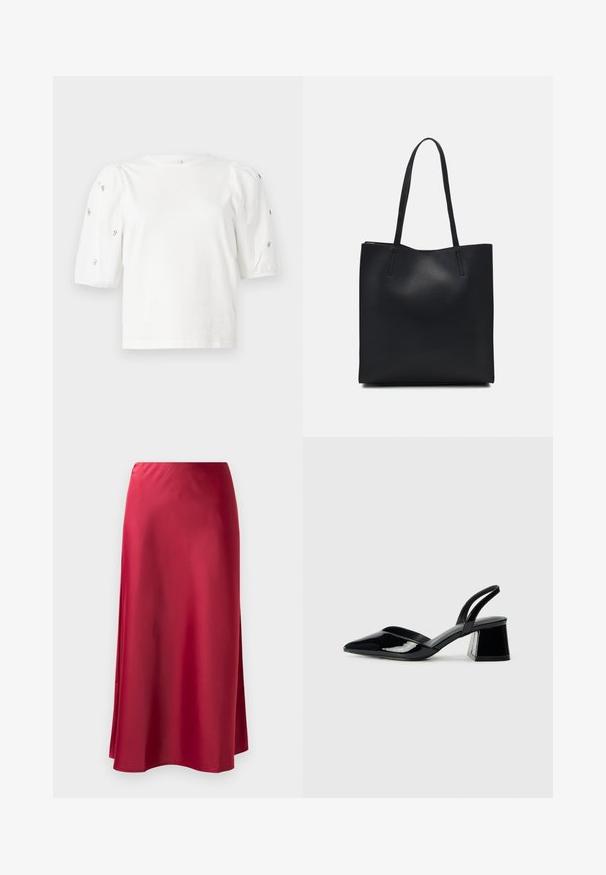 Hvit bomull T-skjorte med korte pufferm, med små sølvdekorasjoner langs ermene. Klassisk rund hals, avslappet passform.; Rød sateng lang skjørt med en jevn tekstur, lett utsvingt fasong og sidelukning for bevegelsesfrihet. Ingen synlig maskinvare eller dekorasjoner.; Svarte patentlær slingback hæler med spiss tå og geometrisk blokk hæl. Har et stilrent, minimalistisk design og jevn tekstur.; Svart lær tote bag med glatt tekstur, rektangulær form og to lange håndtak. Ingen synlige deler eller dekorasjoner.