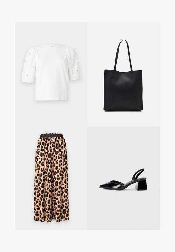 Bela bombažna majica s kratkimi rokavi s pufastimi rokavi, ki ima majhne srebrne okrase vzdolž rokavov. Klasičen okrogel izrez, sproščen kroj.; Maksi krilo s leopardjim vzorcem in črnim elastičnim pasom, ki se ponaša z gladkim in tekočim materialom ter razširjenim krojem.; Črne lakirane slingback pete s koničastim nosom in geometrijsko blokasto peto. Imajo eleganten, minimalističen dizajn in gladko teksturo.; Črna usnjena torba s svilnato teksturo, pravokotne oblike in dvema dolgima ročajema. Brez vidnih metalnih delov ali okrasnih elementov.