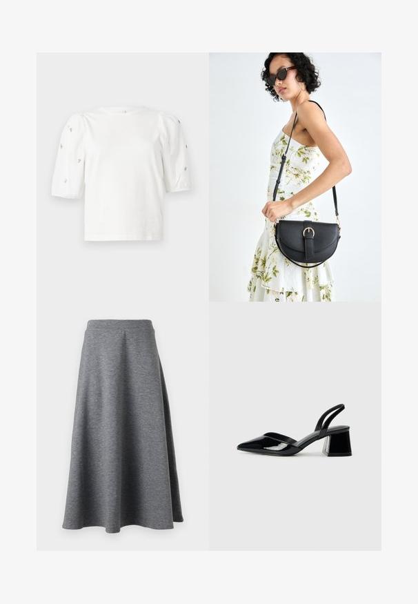 Bijela pamučna majica s kratkim puf rukavima, s malim srebrnim ukrasima duž rukava. Klasičan okrugli izrez, opušteni kroj.; Siva suknja do koljena napravljena od mekog, rastezljivog materijala, s lepršavim dizajnom i elastičnom rajsferšlusom za udobnost.; Crne lakirane kožne sandale s otvorenom petom i špicastim vrhom, s geometrijskom blok petom. Imaju elegantan, minimalistički dizajn i glatku teksturu.; Crna kožna torba s lukovitim oblikom, odvojivim remenom i zlatnim detaljima. Torba ima preklop s kopčom.