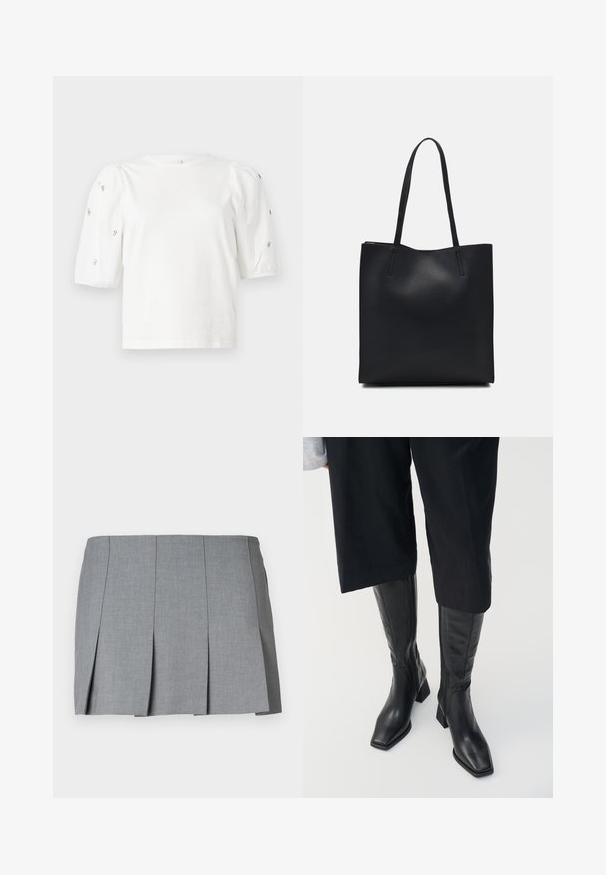 T-shirt en coton blanc à manches courtes bouffantes, avec de petites embellissements en argent le long des manches. Encolure arrondie classique, coupe décontractée.; Jupe plissée grise avec une texture lisse, un design structuré et une taille ajustée. Fabriquée en tissu léger avec un motif subtile.; Bottes en cuir noir arrivant au genou avec un bout carré et un talon bloc. Elles présentent une fermeture éclair sur le côté et une texture lisse.; Sac fourre-tout en cuir noir avec une texture lisse, de forme rectangulaire et deux longues poignées. Pas de matériel ou d'ornementations visibles.