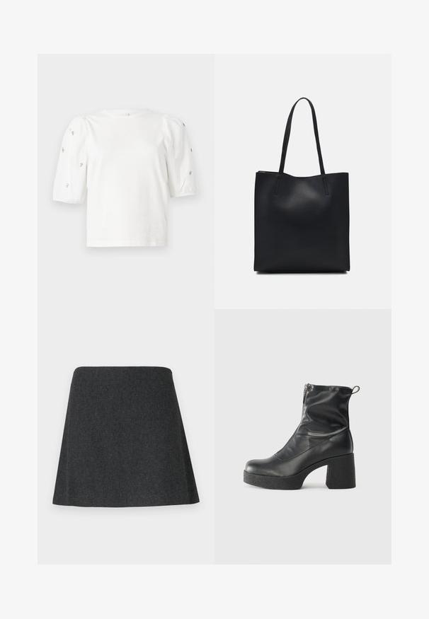 Fehér pamut póló rövid puffos ujjakkal, a ujjain kicsi ezüst díszítések találhatók. Klasszikus kerek nyakú, laza fazonú.; Sötét szövetből készült A-vonalú szoknya, amely sima textúrával és tiszta szegéllyel rendelkezik. Minimalista dizájn, látható hardver vagy díszítés nélkül.; Fekete bokacsizmák sima bőrből, oldalsó cipzárral, vastag, texturált sarkú és lekerekített orrú dizájnnal.; Fekete bőrtáska sima felszínnel, téglalap alakú, két hosszú füllel. Nincs látható fémkiegészítő vagy díszítés.