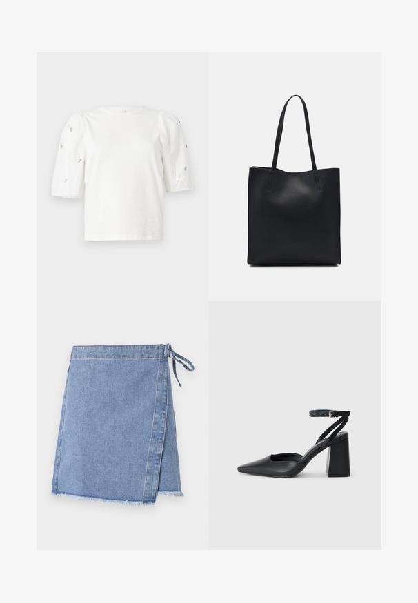 Valkoinen puuvillainen t-paita lyhyillä puffihihnoilla, joissa on pieniä hopeisia koristeita hihojen varrella. Klassinen pyöreä kaula-aukko, rento malli.; Denim wrap-hame vaaleansinisena, jossa on solmittava kiinnitys, hapsureunus ja suora leikkaus, jossa on hieman A-linjan muoto.; Mustat nahkakengät, joissa on kapea kärki, nilkkaremmi ja paksu korko. Tasainen pinta, tyylikäs muotoilu ja minimalistinen estetiikka.; Mustapahkainen kangaskassi, jossa on sileä pinta, suorakaiteen muotoinen ja kaksi pitkää kahvaa. Ei näkyvää metalliosaa tai koristeita.