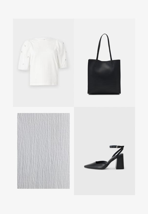 Bílý bavlněný tričko s krátkými nabíranými rukávy, zdobené malými stříbrnými detaily podél rukávů. Klasický kulatý výstřih, volný střih.; Bílá texturovaná látka s vlnitým vzorem, obsahující svislé pruhy různých tlouštěk, což vytváří vlnící se vzhled po celé ploše.; Černé kožené lodičky se špičatou špičkou, kotníkovým páskem a silným podpatkem. Hladká textura, elegantní design a minimalistická estetika.; Černá kožená taška přes rameno s hladkým povrchem, obdélníkovým tvarem a dvěma dlouhými uchy. Žádné viditelné kování ani ozdoby.