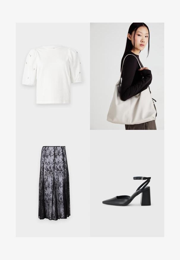 Bela bombažna majica s kratkimi rokavi s pufastimi rokavi, ki ima majhne srebrne okrase vzdolž rokavov. Klasičen okrogel izrez, sproščen kroj.; Črna čipkasta krila s cvetličnimi vzorci, romantično silhueto in valovitimi robovi, ki poudarjajo nežno in prosojno teksturo.; Črne usnjene klasične čevlje z ostrim nosom, z zaponko za gleženj in debelim peto. Ravna tekstura, eleganten dizajn in minimalistična estetika.; Bežna torbica iz mehkega materiala, z ohlapno zasnovo, šivi in dvema naramnicama. Primerna za vsakodnevno uporabo.