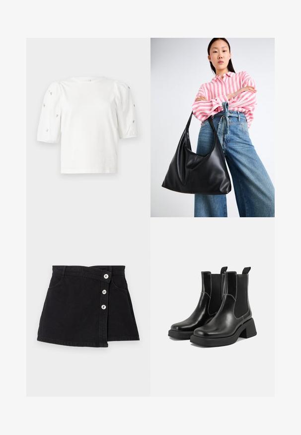 Balta medvilnės marškinėliai trumpomis pūstomis rankovėmis, papuošti mažomis sidabrinėmis detalėmis ant rankovių. Klasikinis apvalus iškirpimas, laisvas siluetas.; Juodas džinsinis sijonas su aukštu juosmeniu, pasiūtas su apvyniojimo dizainu, turintis penkis sidabrinius sagas vienoje pusėje ir dvi šonines kišenes. Lygi tekstūra.; Juodos odinės Chelsea botai su storiu kulnu, elastinėmis šoninėmis panelėmis ir kontrastinga balta siūle. Tekstūruota apdaila.; Juodas odinis peties krepšys su laisvu siluetu ir siūlų detalėmis. Modelis vilki rožinės ir baltos spalvos dryžuotą marškinėlį bei plačius mėlynus džinsus.