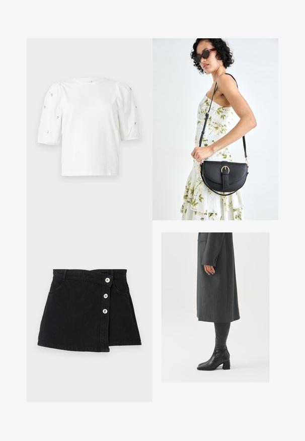 Valge puuvillane T-särk lühikeste puffkäistega, millel on väikesed hõbedased kaunistused käiste servades. Klassikaline ümmargune kaelus, vaba ja mugav lõige.; Must mustriga seelik kõrge vöökoht, millel on mähise kujundus, viis hõbedast nuppu ühel küljel ja kaks küljetaskut. Sile tekstuur.; Hallhalline, kohandatud ülikond jakk sirge lõikega; kombineeritud kuni põlveni ulatuvate mustade nahast saapadega, millel on nelinurkne varvas ja paks konts.; Mustmust mustraha kõverate joontega, eemaldatava rihmaga ja kuldsete detailidega. Kotil on klapp, millel on pandladetail.