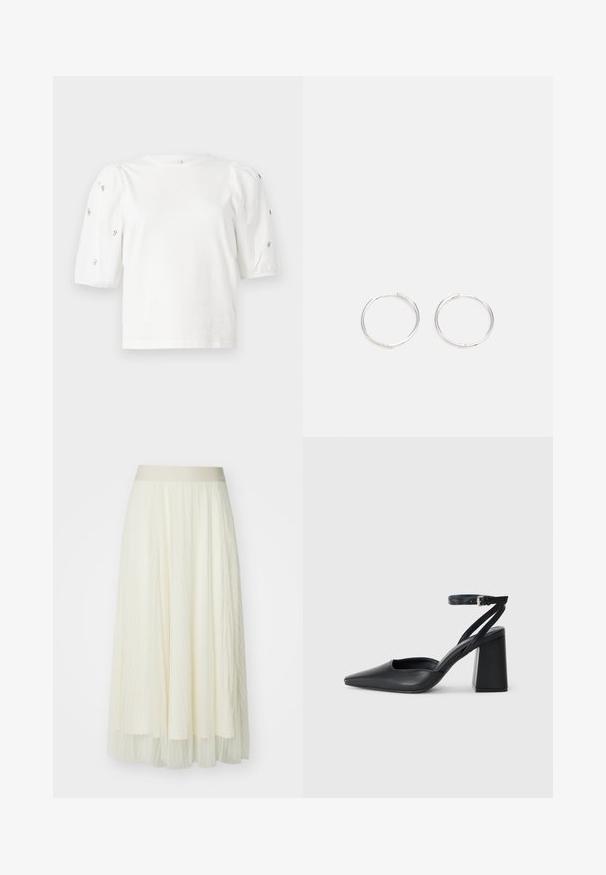 Balta kokvilnas t-kreklu ar īsām puff piedurknēm, ar nelieliem sudraba rotājumiem gar piedurknēm. Klasisks apaļš izgriezums, brīvā piegriezuma.; Gofrēta midi svārki gaiši krēmkrāsā ar platām elastīgām jostām; caurspīdīga tekstūra ar smalkām vertikālām līnijām, plūstoša forma un slāņaina apdare.; Melna ādas augstpapēžu kurpe ar norakstīto purngala formu, potītes siksniņu un masīlu papēdi. Gluda tekstūra, elegants dizains un minimālisma estētika.; Sudraba riņķa auskari ar elegantu, apaļu dizainu, kas izceļas ar gludu virsmu un bez redzamām rotājumām. Diametrs netiek norādīts.