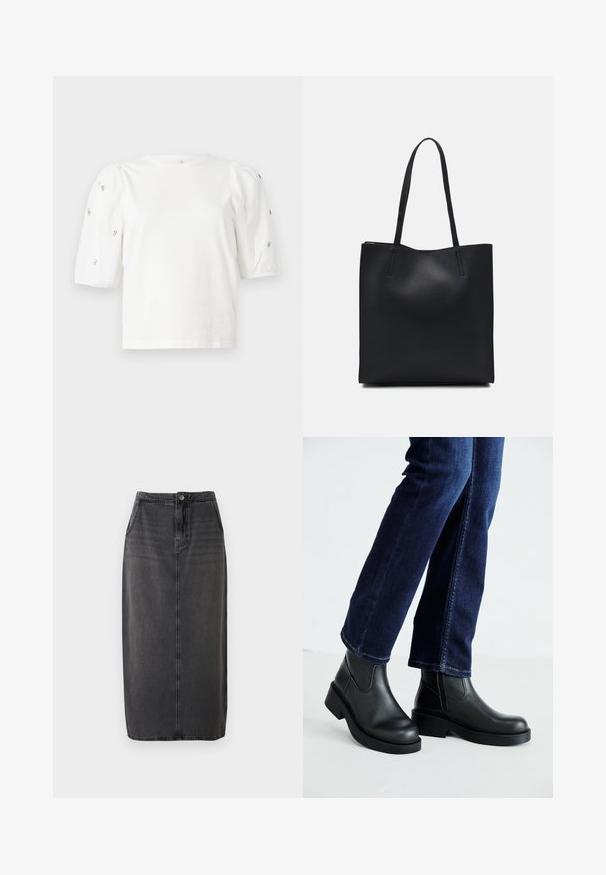 Fehér pamut póló rövid puffos ujjakkal, a ujjain kicsi ezüst díszítések találhatók. Klasszikus kerek nyakú, laza fazonú.; Fekete farmer midi szoknya egyenes szabással, elülső gombos záródással és oldalsó zsebekkel. Simának tűnő textúrával és finom kopással rendelkezik.; Fekete bőr bokacsizma vastag talppal és oldalán elnyújtott elasztikus betétekkel, sötétkék farmerral párosítva. A talaj világos színű.; Fekete bőrtáska sima felszínnel, téglalap alakú, két hosszú füllel. Nincs látható fémkiegészítő vagy díszítés.