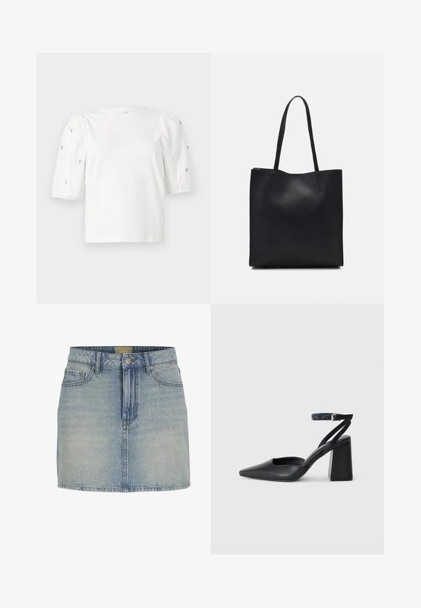 Άσπρη βαμβακερή μπλούζα με κοντά φουσκωτά μανίκια, διακοσμημένη με μικρές ασημένιες λεπτομέρειες κατά μήκος των μανικιών. Κλασική στρογγυλή λαιμόκοψη, χαλαρή εφαρμογή.; Ανοιχτό γαλάζιο τζιν μίνι φούστα με ελαστική μέση, κλείσιμο με κουμπί μπροστά, πέντε τσέπες και ελαφρά ξεθώριασμα στο ύφασμα.; Μαύρο δερμάτινο ψηλοτάκουνο παπούτσι με οξύ μυτερό τόξο, λουράκι στον αστράγαλο και χοντρό τακούνι. Λείος υφασματισμός, κομψός σχεδιασμός και μινιμαλιστική αισθητική.; Μαύρη δερμάτινη τσάντα tote με λείο υφή, ορθογώνιο σχήμα και δύο μακριές λαβές. Χωρίς ορατό υλικό ή διακοσμητικά στοιχεία.