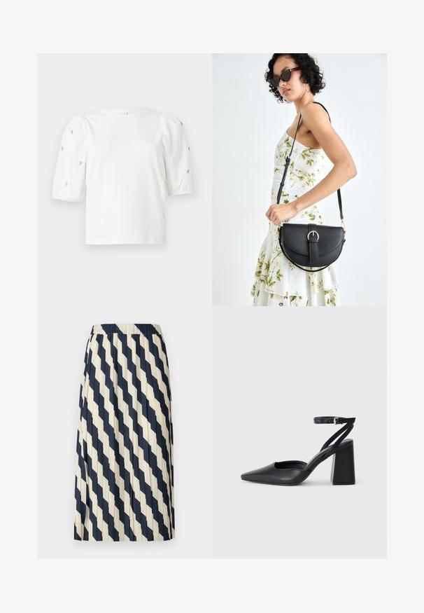 Hvit bomull T-skjorte med korte pufferm, med små sølvdekorasjoner langs ermene. Klassisk rund hals, avslappet passform.; Plissél Skjørt i krem og marineblå, med diamantmønster. Elastisk liv og lett stoff gir en flytende silhuett.; Svart lær pumps med spiss tå, ankelrem og kraftig hæl. Flat tekstur, strømlinjeformet design og minimalisme.; Svart lærveske med en buet form, avtagbar stropp og gullbeslag. Vesken har et klaff med spenne-detall.