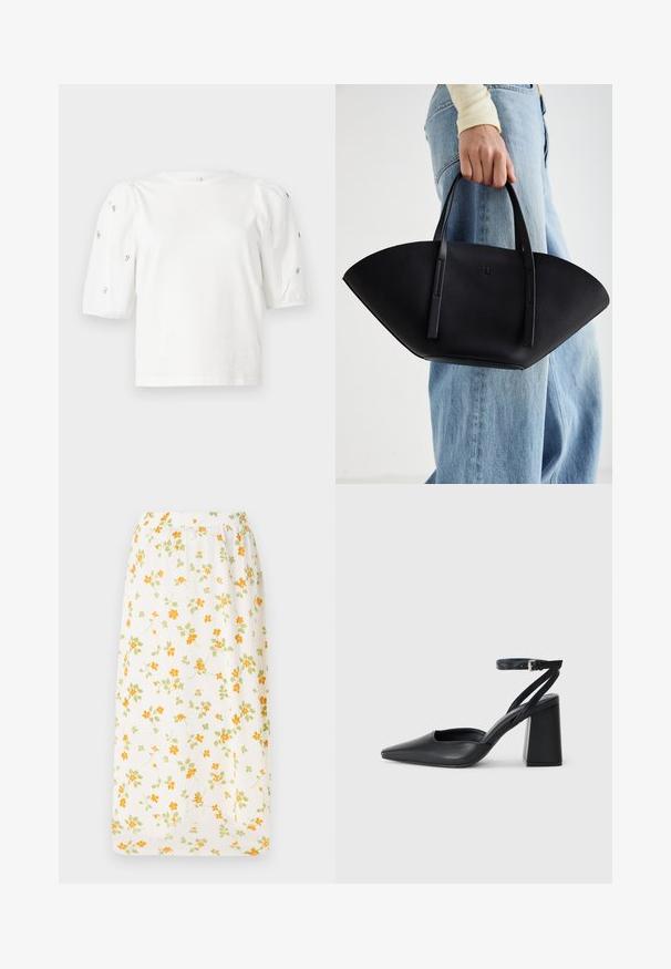 Bela bombažna majica s kratkimi rokavi s pufastimi rokavi, ki ima majhne srebrne okrase vzdolž rokavov. Klasičen okrogel izrez, sproščen kroj.; Cvečni dolgi krilo iz lahkega blaga, bela podlaga s posutimi oranžnimi in zelenimi rožami, elastičen pas, lepo padajoč dizajn.; Črne usnjene klasične čevlje z ostrim nosom, z zaponko za gleženj in debelim peto. Ravna tekstura, eleganten dizajn in minimalistična estetika.; Črna usnjena torbica z edinstveno obliko ventilatorja, z ravnimi ročaji. Površina ima teksturo z drobnimi kamni in minimalističen dizajn.
