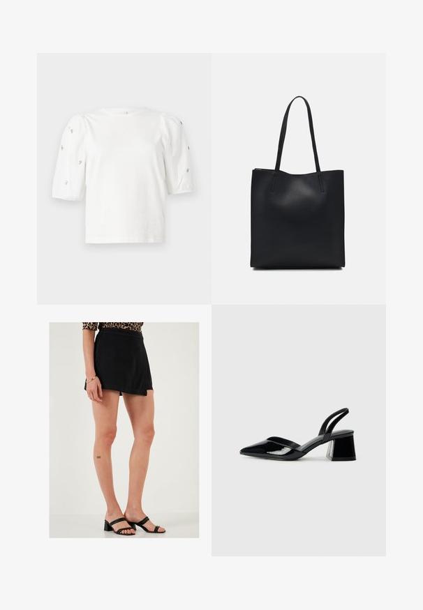 T-shirt en coton blanc à manches courtes bouffantes, avec de petites embellissements en argent le long des manches. Encolure arrondie classique, coupe décontractée.; LELA Short - black; Escarpins en cuir verni noir avec bout pointu et talon bloc géométrique. Présente un design élégant et minimaliste ainsi qu'une texture lisse.; Sac fourre-tout en cuir noir avec une texture lisse, de forme rectangulaire et deux longues poignées. Pas de matériel ou d'ornementations visibles.