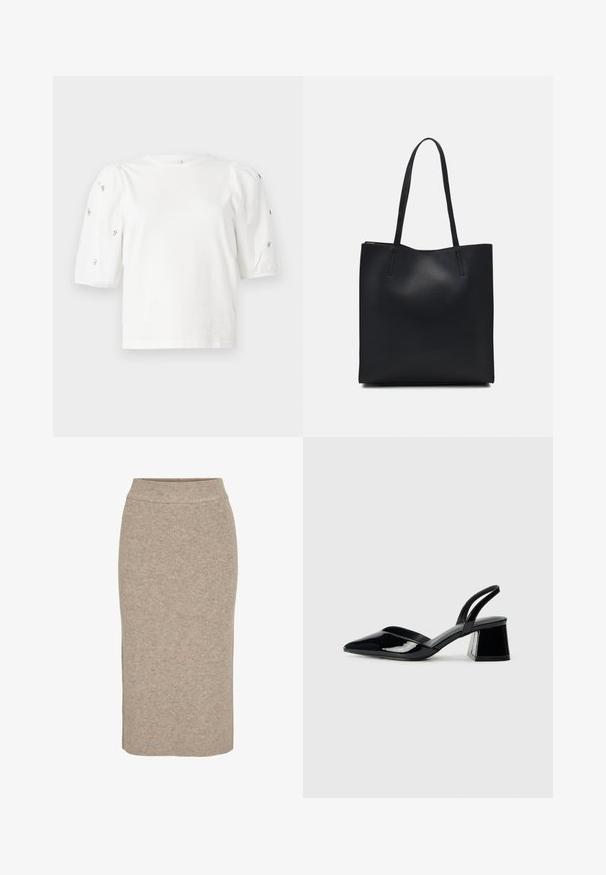 Fehér pamut póló rövid puffos ujjakkal, a ujjain kicsi ezüst díszítések találhatók. Klasszikus kerek nyakú, laza fazonú.; Kötött ceruzaszoknya világos bézs színben, bordázott textúrával, magas derekú és slim fit fazonnal. Szegélye a térd alatt ér véget.; Fekete lakk bőr szandálkés magas sarkú cipő, hegyes orral és geometrikus tömbsarkakkal. Karcsú, minimalista dizájn és sima textúra jellemzi.; Fekete bőrtáska sima felszínnel, téglalap alakú, két hosszú füllel. Nincs látható fémkiegészítő vagy díszítés.