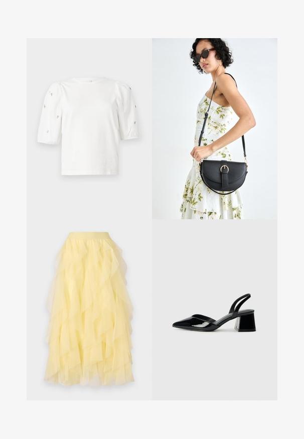 White cotton t-shirt with short puff sleeves, featuring small silver embellishments along the sleeves. Classic round neckline, relaxed fit.; Yellow tiered skirt made of sheer tulle fabric, featuring a flared silhouette with overlapping ruffles and an elastic waistband.; Black patent leather slingback heels with a pointed toe and a geometric block heel. Features a sleek, minimal design and smooth texture.; Black leather handbag with a curved shape, detachable strap, and gold hardware. The bag features a flap with a buckle detail.