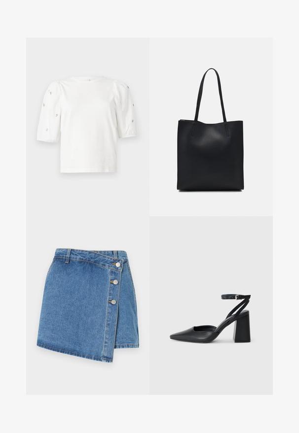 Fehér pamut póló rövid puffos ujjakkal, a ujjain kicsi ezüst díszítések találhatók. Klasszikus kerek nyakú, laza fazonú.; Világoskék farmerpóló szoknya. Magas derékkal, ferde aljjal és három fém nyomógombbal az oldalon. Simaság jellemzi, finom varrásokkal.; Fekete bőr, hegyes orrú magassarkú cipő boka pánttal és vastag sarokkal. Sima textúra, elegáns dizájn és minimális esztétika.; Fekete bőrtáska sima felszínnel, téglalap alakú, két hosszú füllel. Nincs látható fémkiegészítő vagy díszítés.