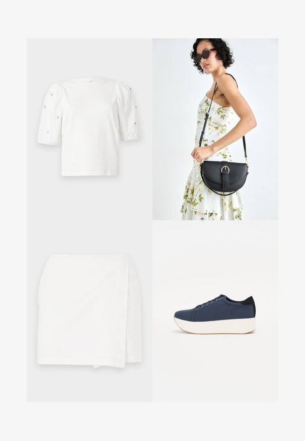 Valge puuvillane T-särk lühikeste puffkäistega, millel on väikesed hõbedased kaunistused käiste servades. Klassikaline ümmargune kaelus, vaba ja mugav lõige.; Valge seelik sirge lõikega, mähisdisainiga ja puhaste servadega. Valmistatud kergest kangast, millel on sile tekstuur ja nähtamatud mustrid.; Tumedat sinised tennised tekstureeritud riidest pealispinnaga, valge platvormi tallaga, ümarate varvaste ja musta kontsapaneeliga. Omab kuut silma paelte jaoks.; Mustmust mustraha kõverate joontega, eemaldatava rihmaga ja kuldsete detailidega. Kotil on klapp, millel on pandladetail.