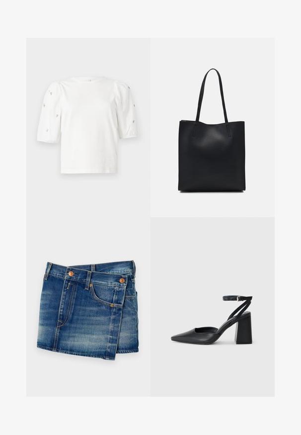 Bela bombažna majica s kratkimi rokavi s pufastimi rokavi, ki ima majhne srebrne okrase vzdolž rokavov. Klasičen okrogel izrez, sproščen kroj.; Denim kratke hlače v srednji modri barvi z izblideno pranje, opremljene s kromiranimi gumbi, petimi žepi in kontrastnimi šivi.; Črne usnjene klasične čevlje z ostrim nosom, z zaponko za gleženj in debelim peto. Ravna tekstura, eleganten dizajn in minimalistična estetika.; Črna usnjena torba s svilnato teksturo, pravokotne oblike in dvema dolgima ročajema. Brez vidnih metalnih delov ali okrasnih elementov.