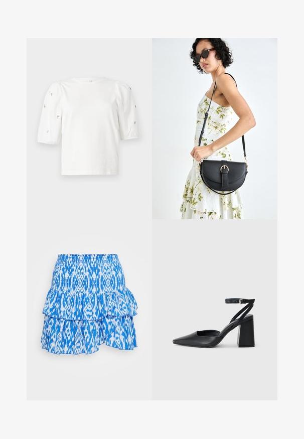 Bílý bavlněný tričko s krátkými nabíranými rukávy, zdobené malými stříbrnými detaily podél rukávů. Klasický kulatý výstřih, volný střih.; Modrá a bílá sukně s volány ve vrstvách, s gumičkovým pasem, s abstraktním vzorem z lehké tkaniny.; Černé kožené lodičky se špičatou špičkou, kotníkovým páskem a silným podpatkem. Hladká textura, elegantní design a minimalistická estetika.; Černá kožená kabelka s křivkovým tvarem, odnímatelným popruhem a zlatými detaily. Kabelka má klopu s přezkou.