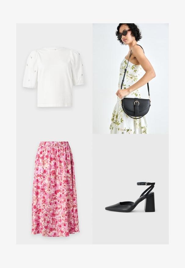 T-shirt en coton blanc à manches courtes bouffantes, avec de petites embellissements en argent le long des manches. Encolure arrondie classique, coupe décontractée.; Jupe maxi florale avec une taille froncée. Présente un motif floral rose vif et crème sur un tissu léger.; Escarpin noir en cuir à bout pointu avec une bride de cheville et un talon épais. Texture lisse, design élégant et esthétique minimaliste.; Sac à main en cuir noir avec une forme courbée, bandoulière amovible et des accessoires en or. Le sac est doté d'un rabat avec un détail de boucle.
