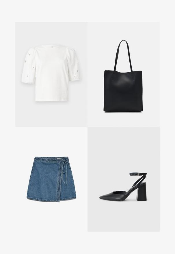 Biela bavlnená tričko s krátkymi volánovými rukávmi, zdobené malými striebornými ozdobami pozdĺž rukávov. Klasický okrúhly výstrih, voľný strih.; Denimová zavinovacia sukňa v svetlom odtieni modrej s viazaním v páse, so strihaním v rovnom strihu a hladkou textúrou. Bez viditeľných vzorov alebo akcentov.; Čierne kožené lodičky s špicatou špičkou a členkovým remienkom, s masívnym podpätkom. Hladký povrch, elegantný dizajn a minimalistická estetika.; Čierna kožená taška na rameno s hladkým povrchom, obdĺžnikovým tvarom a dvoma dlhými uchami. Bez viditeľného kovania alebo ozdôb.