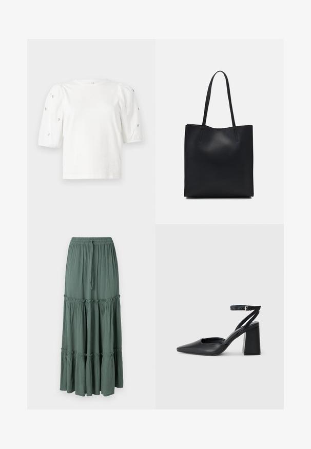 Biela bavlnená tričko s krátkymi volánovými rukávmi, zdobené malými striebornými ozdobami pozdĺž rukávov. Klasický okrúhly výstrih, voľný strih.; Dlhá, viacerovrstvová sukňa v tlmenom zelenej farbe. Vyrobená z ľahkej látky s elastickým pásom a šnúrkou, s volánovými detailmi na švoch.; Čierne kožené lodičky s špicatou špičkou a členkovým remienkom, s masívnym podpätkom. Hladký povrch, elegantný dizajn a minimalistická estetika.; Čierna kožená taška na rameno s hladkým povrchom, obdĺžnikovým tvarom a dvoma dlhými uchami. Bez viditeľného kovania alebo ozdôb.
