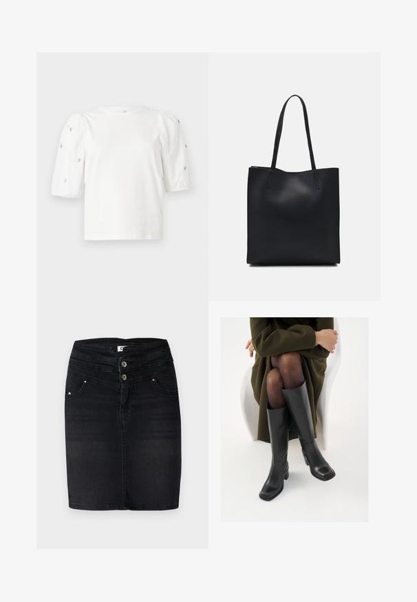 Valkoinen puuvillainen t-paita lyhyillä puffihihnoilla, joissa on pieniä hopeisia koristeita hihojen varrella. Klassinen pyöreä kaula-aukko, rento malli.; Mustat farkkuhame, jossa on muotoiltu malli, kaksi nappia vyötäröllä ja etutaskut, joissa on hienovarainen logoyksityiskohta sivussa.; Polvisuoja mustat nahastossud, millel on ruudukujuline varvas ja plokk-kints, on esitatud mudeli seljas, kes istub oliivrohelises mantlis. Sile tekstuur, minimaalne detailitus.; Mustapahkainen kangaskassi, jossa on sileä pinta, suorakaiteen muotoinen ja kaksi pitkää kahvaa. Ei näkyvää metalliosaa tai koristeita.